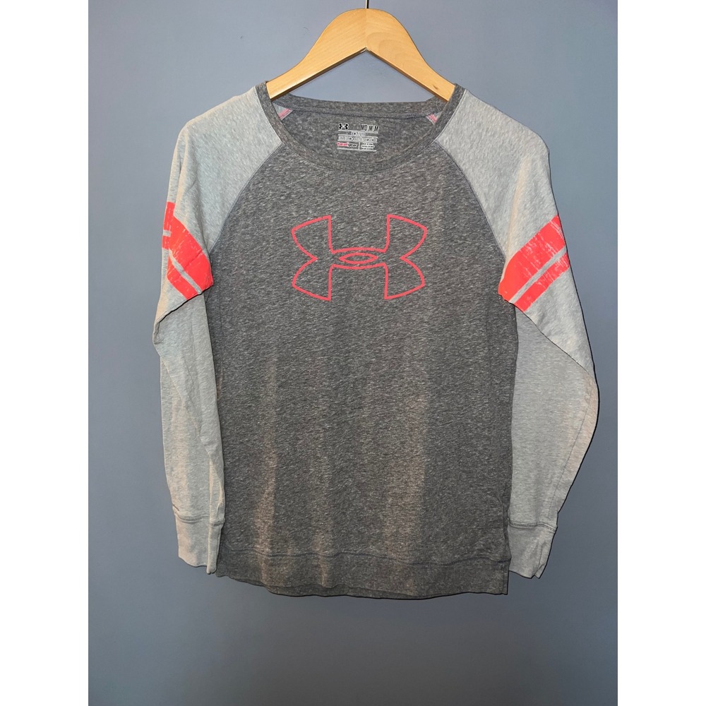 Under Armour Womens HeatGear Long Sleeve Shirt Grey Neon Pink Logo Medium M